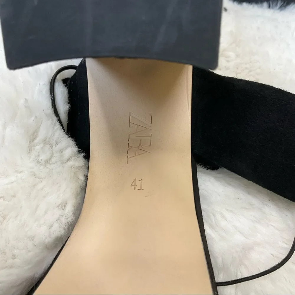NEW ZARA black suede leather double straps square tie slip on sandals 10